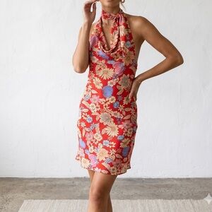 See You Monday Red Floral Halter Maxi Dress